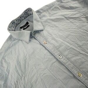 Bugatchi Mens L Button Down Shirt Light Blue Striped Flamingo Trim Shaped Fit